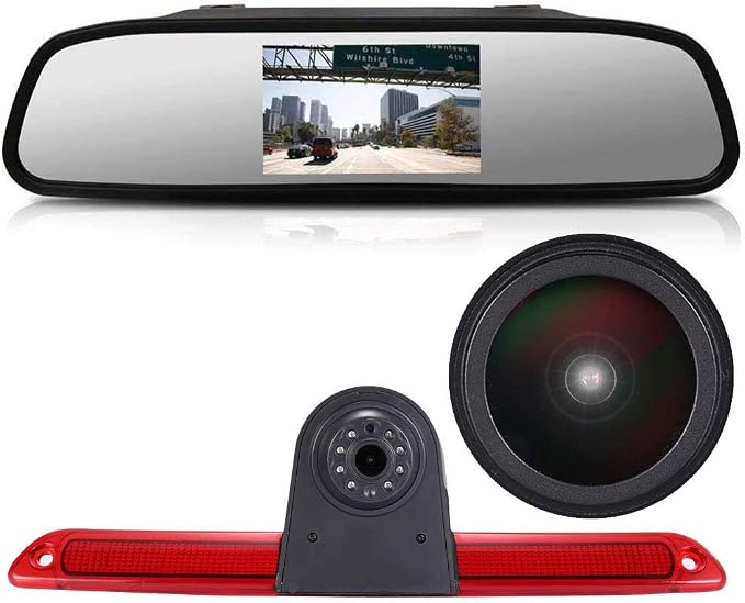 18mm HD Car Third Roof Top Mount Brake Light 3 Rear View Camera Parking Safety Assistant System, Night Vision for VW Crafter Caravelle/Mercedes Benz Sprinter W906 (with 4.3-inch Rearview Mirror)