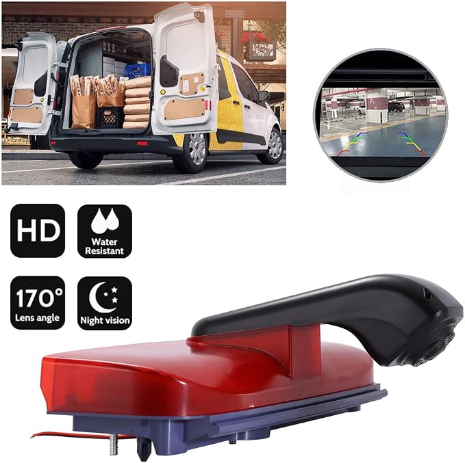 18mm Car Third Roof Top Mount Brake Lamp Light Rear View Reverse Parking Camera,Replacement for Van Ford Transit Connect 2 II/XL Cargo Titanium Passenger Wagon 2014-2022 (with 7 inch Monitor)