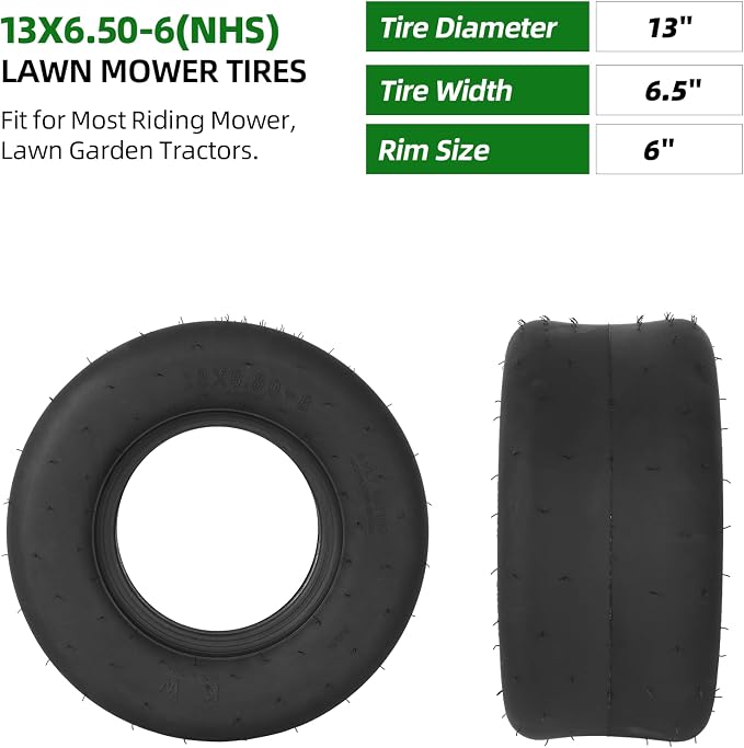AR-PRO (2-Pack) 13x6.50-6 Lawn Mower Tires, Replacement 13x6.5-6 Smooth Tractor Turf Tire, 4 Ply Lawn Mower Tire Tubeless 480lbs Load Capacity, Fit for Most Riding Mower, Lawn Garden Tractors