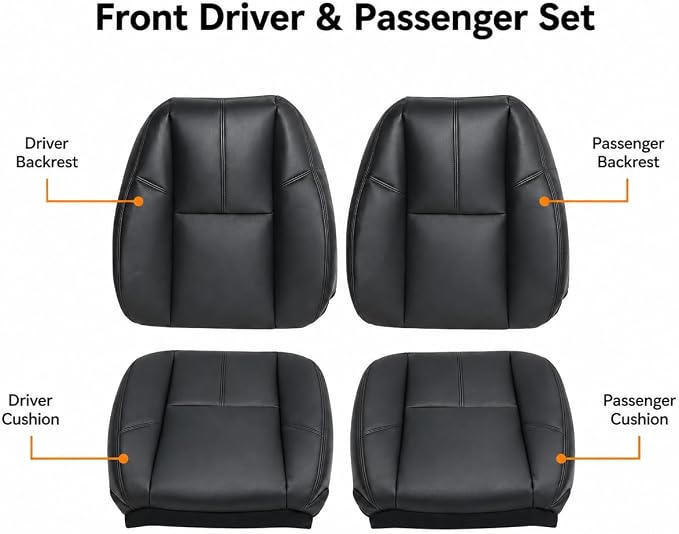 #193 Black Driver＆Passenger Side Bottom Seat＆Top Lean Back Leather Covers Compatible with Chevy Silverado Suburban Avalanche/GMC Sierra Tahoe Yukon 2007 2008 2009 2010 2011 2012 2013 2014