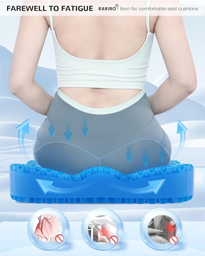 Thickened Gel Seat Cushion, Egg Gel Chair Pads for Wheelchair Pressure Coccyx Sciatica Pain Relief, Cooling Desk Seat Cushion for Kayak, Car, Office Chair Long Sitting[Blue-2.75"]