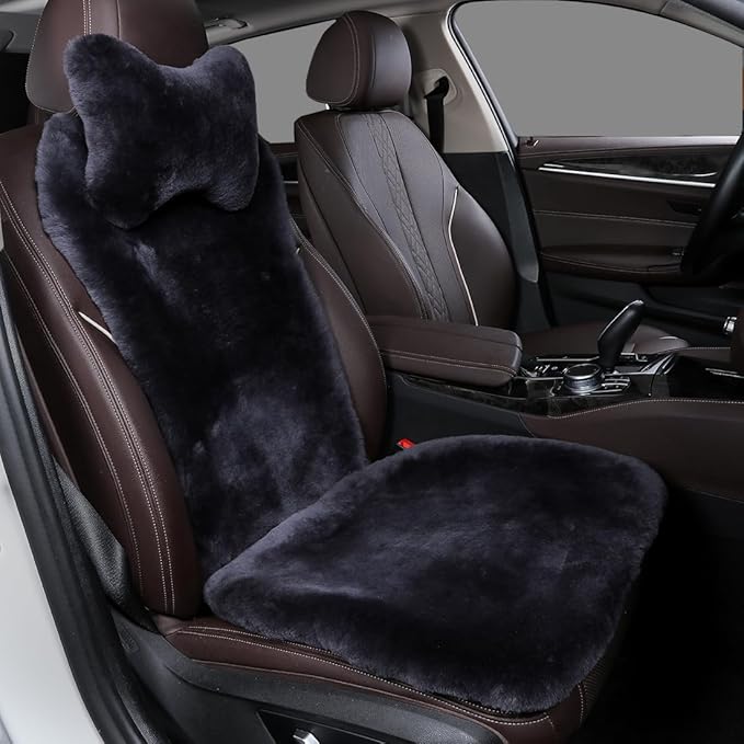 Fuzzy Sheepskin Car Seat Covers | Genuine Fur Wool Seat Protectors for Leather Bucket Seat Cushions | Fluffy Warmers for Mercedes, Audi & Luxury Cars | Flush Furry Interior Upgrade, Carbon Black