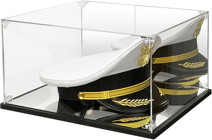 Police & Military Hat Acrylic Display Case with Mirrored Back & Base - Inner 13.8x11.8x6.8 Inch Dustproof Storage Box for Memorabilia, Sports Caps & Collectibles, Tool-Free Assembly