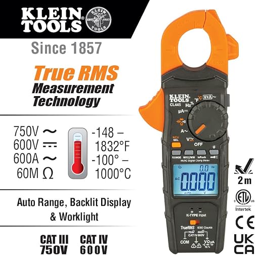 Klein Tools CL445 HVAC Clamp Meter and Klein Tools 69417 Rare-Earth Magnetic Hanger