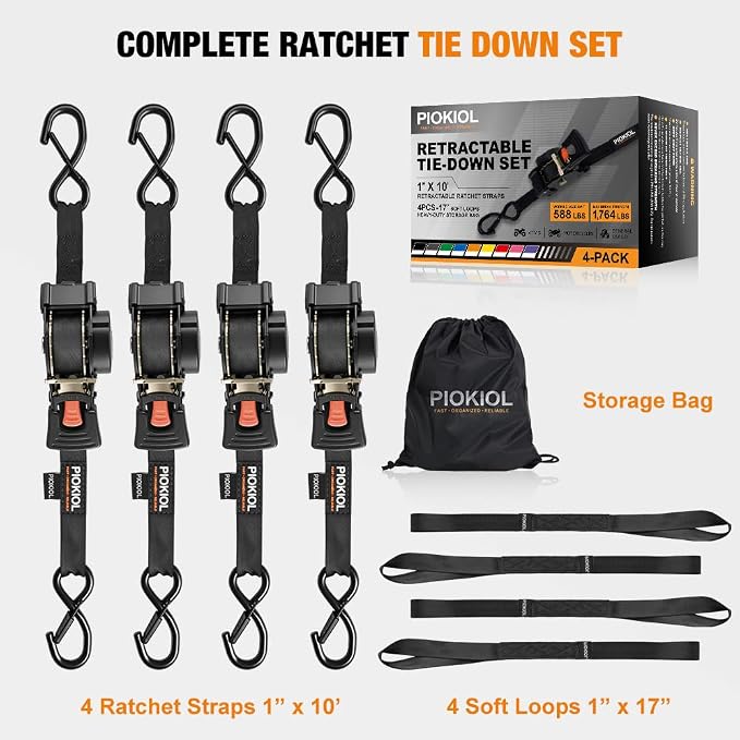 Retractable Ratchet Straps (4-Pack) - 1 Inch x 10 Feet (1,764lb Break Strength) - Heavy Duty Auto Self Retracting Tie Down Straps for Truck, Cargo Trailer, Motorcycle, ATV, UTV - Black