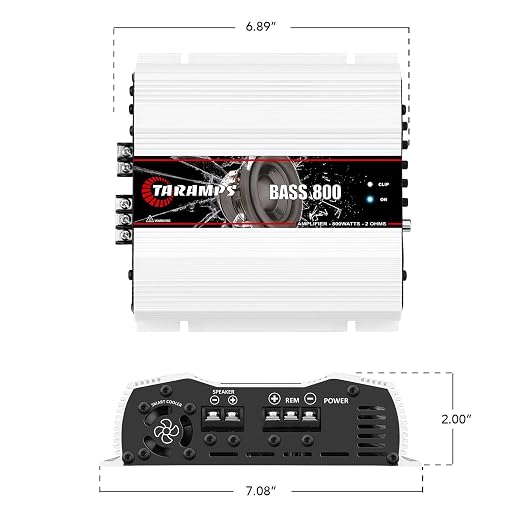 Taramps Bass 800 2 Ohms Monoblock Amplifier 800 Watts Rms 1 Channel 14.4VDC Out Power Full Range, Great for Sub/Bass - Rca/High Level Input, Car Audio