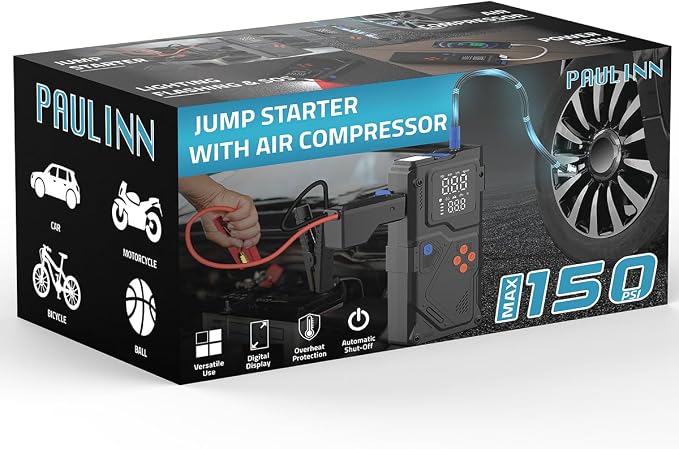 PAULINN Jump Starter with Air Compressor, 150PSI 6000A Car Jumper Starter Portable(All Gas/10L Diesel) with Tire Inflator, 12V Charger Booster