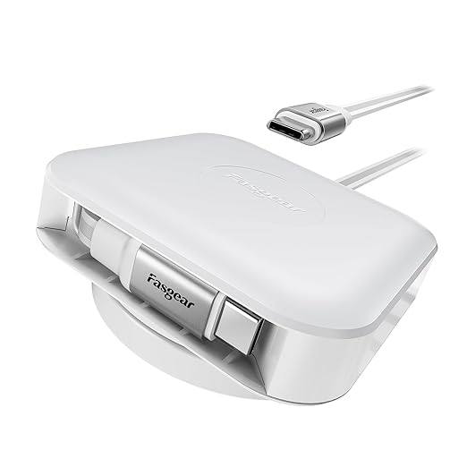 Fasgear USB-C Retractable Charging Cable Desk Mount, 60W PD/PPS Fast Charging USB 2.0 Cord for iPhone 17 16 Pro/iPad Pro/Mac-Book/Samsung, 360°Rotatable Type C Cable (4.6ft, Pure White)