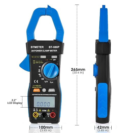 BTMETER 3-Phase True-RMS Power Clamp Multimeter with 9999 Counts, AC/DC Voltage & Amperage, KW/HP, Power Factor, KVA/VAR, Inrush Current & Temperature Test, Electrical Teste 580P