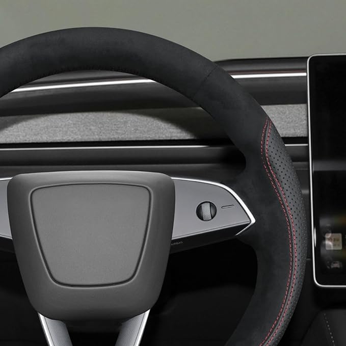 MEWANT Hand Stitch Black Athsuede Faux Leather Steering Wheel Cover for Tesla Model 3 Highland 2024 Model Juniper 2024
