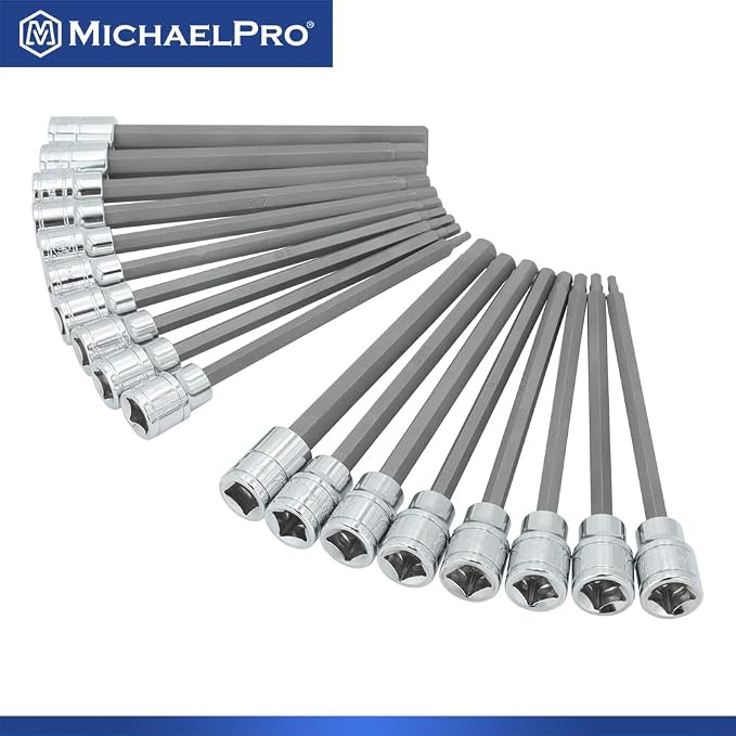MichaelPro 18-Piece 3/8'' Drive Long Hex Bit Socket Set, SAE & Metric (1/8" - 3/8", 3-10 mm), 6-Inch Length for Deep Reach, High Torque Resistant CR-V and S2 Steel, Storage Case Included - MP012020