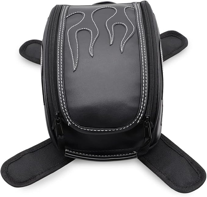 evomosa Motorcycle Tank Bag with Straps and Waterproof Cover, Black PU Leather Gas Oil Fuel Tank Bag Shoulder Bag Universal for Street Bike