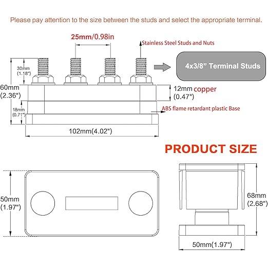 Heavy DUty BusBar Copper Ground Power Distribution Block 12V-48V 600A with 4X 3/8" Posts Terminal, Marine Bus Bar, High Current DC Battery Buss Bar with Cover for Car RV Solar Trucks Yacht, Red