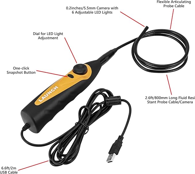 LAUNCH X-431 VSP-100 Endoscope Work with X-431 Tablet 5.5mm Ultra-Thin Digital HD USB Video Inspection Camera Multi-Angle Imaging One-Click Snapshot IP67 Waterproof Borescope Videoscope