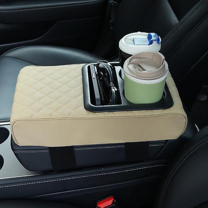 Supin Car Armrest Cushion - Multifunctional Faux Leather Armrest Cushion with Cup Holder, Phone Storage, and Ergonomic Design for All Seasons (Beige)