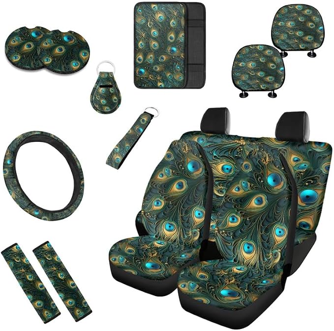 Peacock Feather Turquoise Relief Car Seat Covers Seat Cover Set of 13 Pack Peacock Hand Drawing Ultra-Soft Universal Fit for Cars Keychain Coaster for SUV Sedan Van