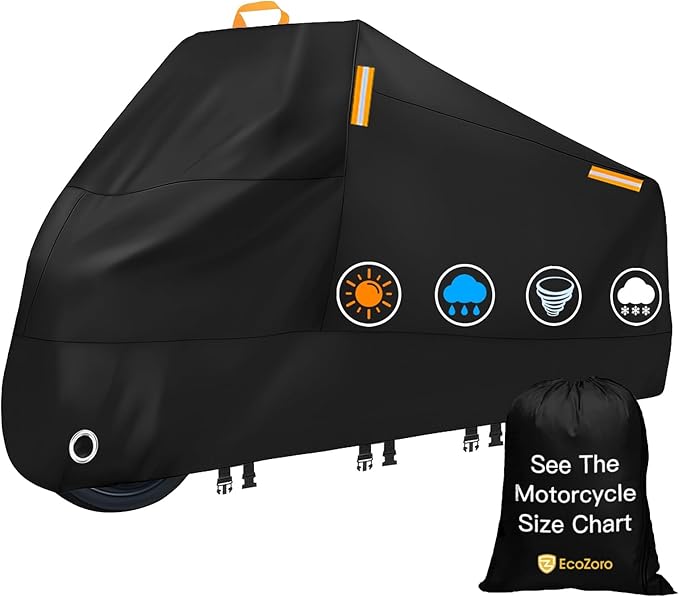 300D Heavy Duty Motorcycle Cover - All Season Waterproof Outdoor Protection with Lock-Holes, Night Reflective & Storage Bag Fits up to 116" Cruiser, Touring, Sportbike, Dirt Bike, Scooter