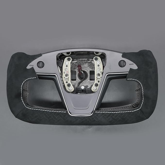 MEWANT DIY Steering Wheel Cover for Tesla Yoke Model S 2021-2023 Model X Made of Black Smooth Woven Embossed Athsuede