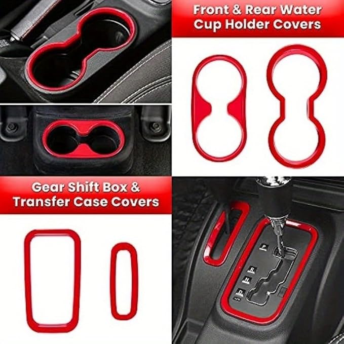 18 PCS Full Set Interior Decoration Trim Kit Steering Wheel Center Console Door Handle Air Conditioning Vent Cup Holder Gear Cover Trim for Jeep for Wrangler JK JKU 2011-2018 4-Door (Red)