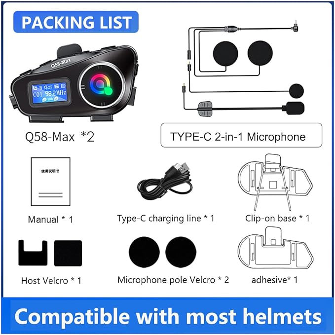 Bluetooth Motorcycle Helmet Intercom, 1500 feet Wireless Communication, Built-in Display, FM Radio, Noise Reduction, Music Sharing for 2 Riders, Waterproof, High Volume Sound Quality. 1000mAh, 2-Pack
