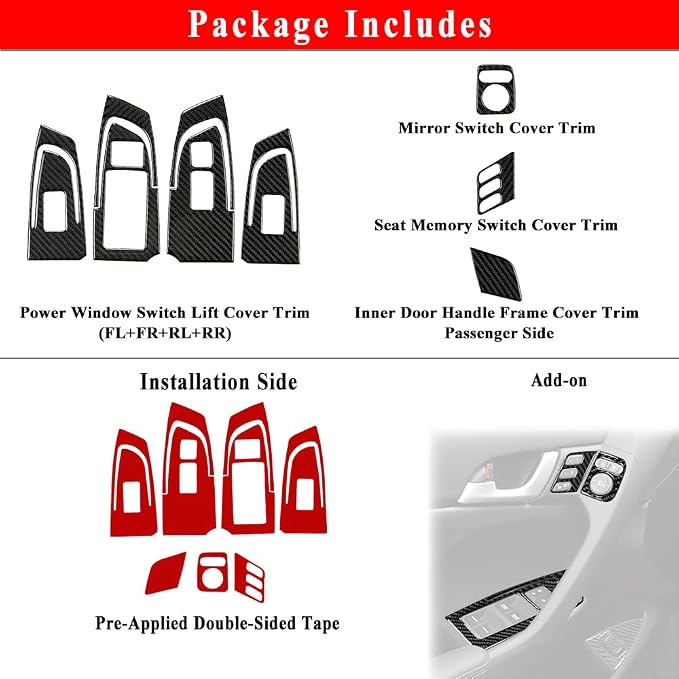 AeroBon TSX Real Carbon Fiber Interior Trim Overlay Compatible with 2009-2014 Acura TSX Sedan and Sport Wagon, 9-Piece Window Switch Panel, Mirror Switch, Seat Memory, Inner Door Handle Trim Cover Set