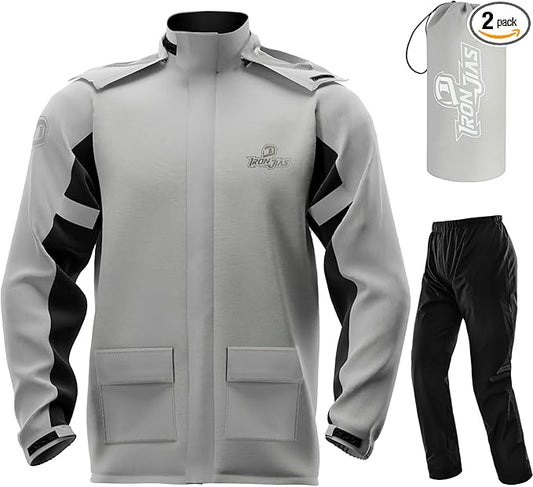 IRON JIA'S Rain Suit, Motorcycle Rain Gear for Men & Women, Waterproof Jacket and Pants, Breathable Reflective Raincoat for Farm Fishing Golf (Grey XXL)