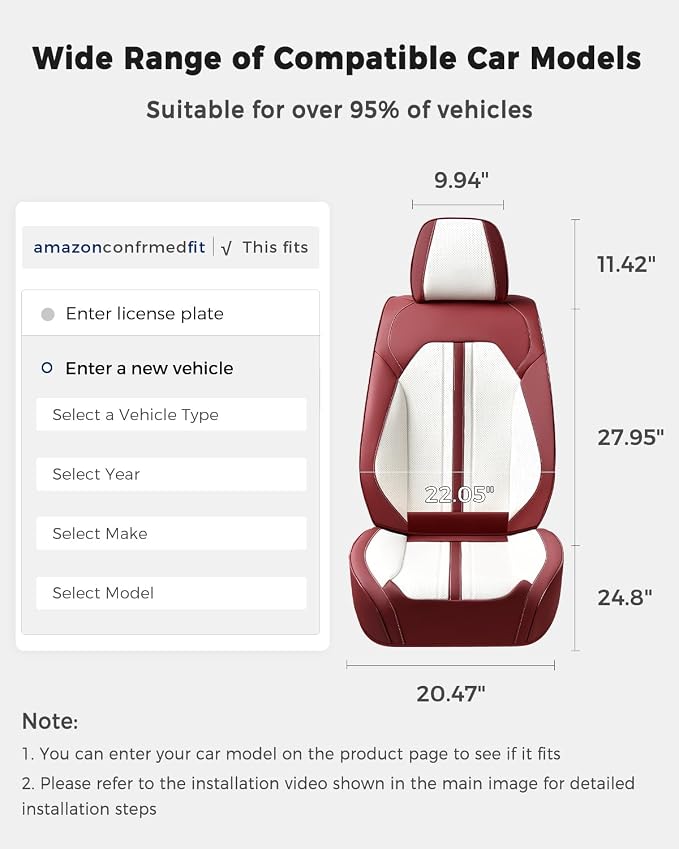 Huidasource Red White Front Seat Cover, Luxury Faux Leather Front Car Seat Cover Front Seats, Compatible with Airbags, Cooling＆Heating, Universal Fit for Most Cars, Vans, Trucks, SUVs, Red＆White
