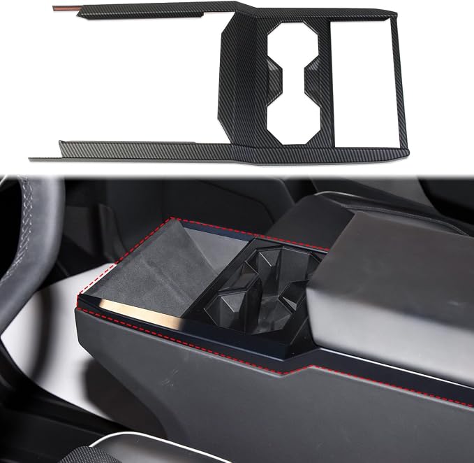 Carbon Fiber Style Central Control Cup Holder Wireless Charging Slot Frame Trim Accessories for Tesla Cybertruck (Matte Surface)