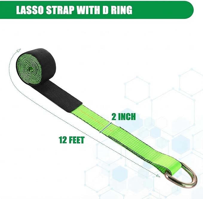 8 Pack Lasso Tow Truck Straps with D Ring 11, 000 Lbs Break Strength D Ring Auto Tie Down Wheel Lift Trailer Strap for Hauling Utv SUV Wrecker Rollback (2" X 12ft)