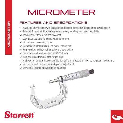 Starrett Outside Micrometer with One-Piece Spindle, Satin Chrome Finish and Advanced Sleeve Design - Quick and Easy Adjustment, 1-2" Range, .0001" Graduations - T2XRL