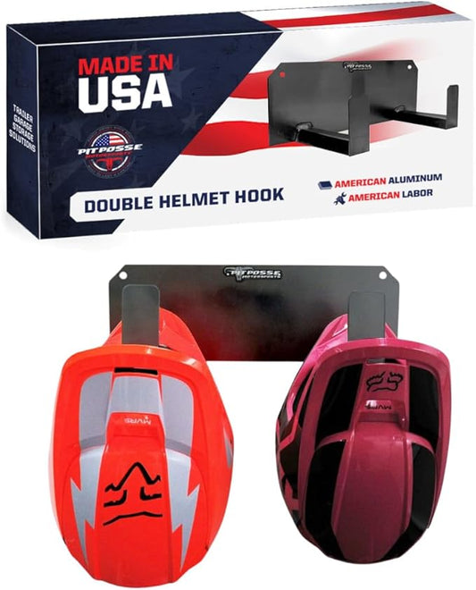 Pit Posse PP125BK Dual Helmet Rack Holder Enclosed Race Trailer Garage Shop - Made in USA - Aluminum Storage Organizer Hanger for Motorcycle Bike Helmets - Mounting Hardware Included (Black)
