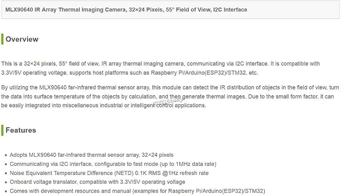 MLX90640 IR Array Thermal Imaging Camera 32×24 Pixels 55° Field of View I2C Interface 3.3V/5V Compatible with Raspberry Pi (ESP32) STM32 @XYGStudy (MLX90640-D55 Thermal Camera)