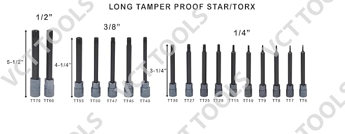 VCT 60PC Master Deep Long 6-Point Star Plus Socket Bit, Tamper Proof, Torx, and External Star/E-Torx Deep Socket Set