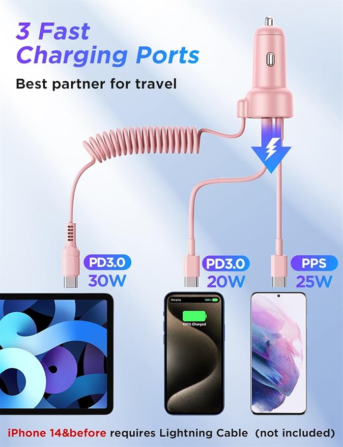 USB C 60W Super Fast Car Charger PD& QC3.0 with 5ft 30W Type C Coiled Cable, Car Phone Charger Adapter for iPhone 15 Pro Max Plus, Samsung Galaxy S23/S22/S21, Google Pixel/Moto/LG/Android, iPad Pro