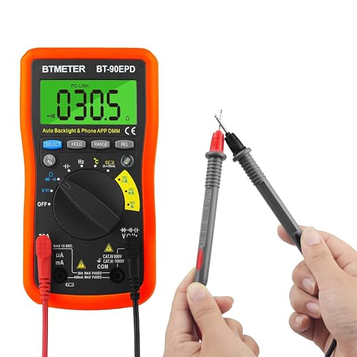 Bluetooth APP Digital Multimeter - BTMETER BT-90EPD Auto Ranging Multi-Tester 4000 Counts Data Logging on Mobile Phone for AC/DC Voltage Current Resistance Temperature