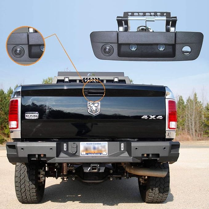 HD 170° Wide Angle Auto Vehicle Car Van Trunk Handle Button Tail Gate Rear View Reversing Backup Camera Parking Aids System Compatible with Dodge Ram 1500 2500 3500 Tailgate Handle Truck