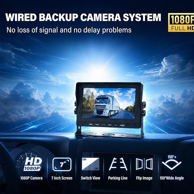 7-Inch HD 1080P Wired Backup Camera System – IP69 Waterproof Night Vision Camera + 43ft Extension Cable – for RV Truck Trailer Tractor Heavy Equipment – Plug and Play (Monitor + 1 Camera)