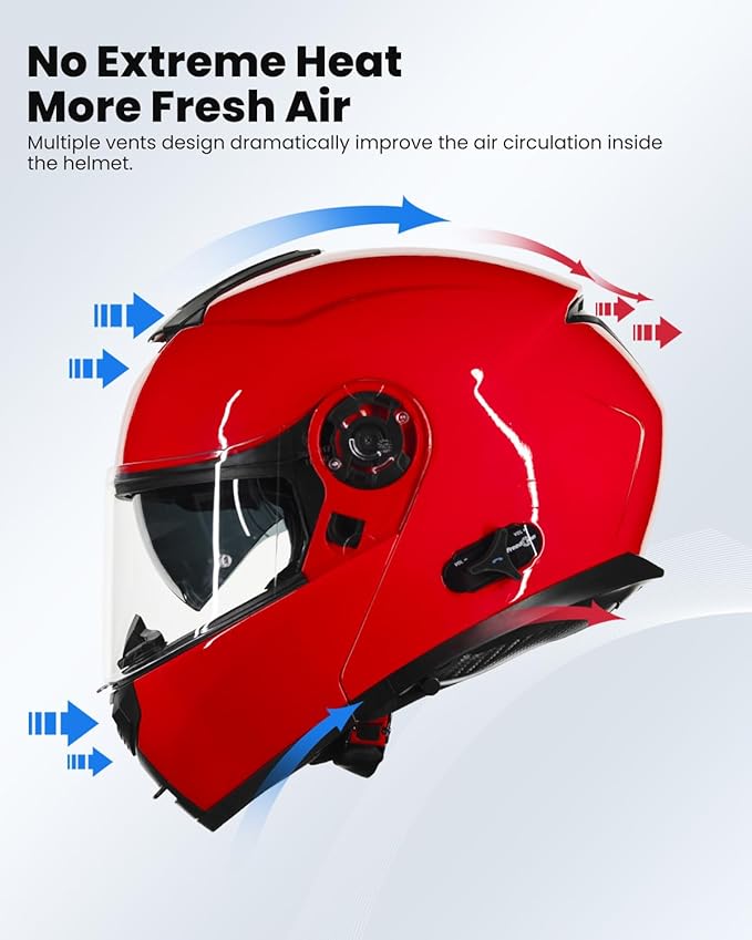 ILM Bluetooth Motorcycle Modular Helmet 2-3 Riders Intercom Flip up Full Face Helmet with Dual Visor DOT Model 159BT (Red, L)