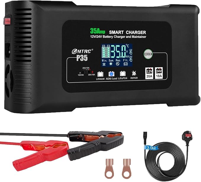 Battery Charger, Smart 0-35A 12V/24V Trickle Charger, Portable Car Battery Charger with 9 Stages of Charging for LiFePO4, Lead-Acid, and Lithium Batteries, with Battery Repair Function