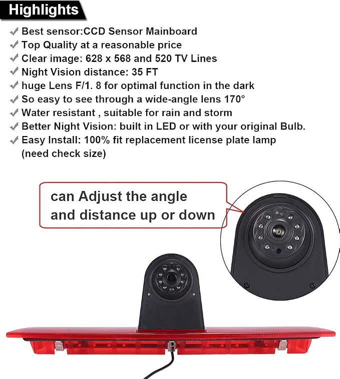 Car Third Roof Top Mount Brake Light 3 Rear View Camera, HD Night Vision Waterproof for Ford Transit tourneo Custom Jumbo Kasten V363 F150 F250 F350 V636 MK8 2012-2020 (with 4.3-inch Rearview Mirror)