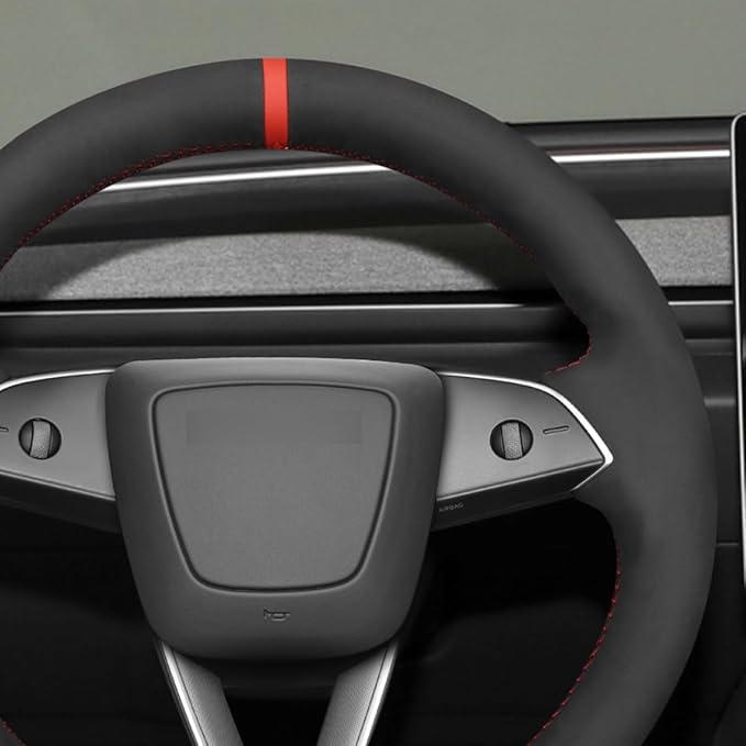 MEWANT Hand Stitch Black Suede Steering Wheel Cover Wrap for Tesla Model 3 Highland 2023-2025 Tesla Model Y Juniper 2025