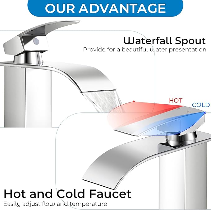 Chrome Bathroom Faucets, Tall Waterfall Bathroom Sink Faucet Modern Single Handle Bathroom Faucte 1 Hole, Tall Spout Vessel Faucet Mixer Tap Washbasin Faucet with Pop-up Drain, Supply Hoses