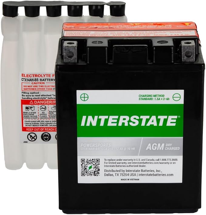 Interstate Batteries YTX14AH-BS 12V 12Ah Powersports Battery 210CCA High-Performance AGM Rechargeable Replacement for Kawasaki, Polaris, Yamaha ATVs, UTVs, Snowmobiles, Motorcycles (CITX14AH-BS)