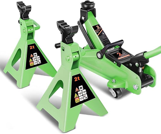 DNA MOTORING 2 Ton Car Jack and Stands Kit 2T(4000 lbs) Capacity Low Profile Hydraulic Trolley Service/Floor Jack with 2 Ratchet Stands Combo for Home Garage Shop, Green, TOOLS-00476-GR