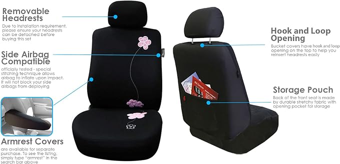 FH Group Car Seat Covers Floral Seat Covers Full Set – Universal Fit for Cars Trucks & SUVs (Black) FB053115 + F11306