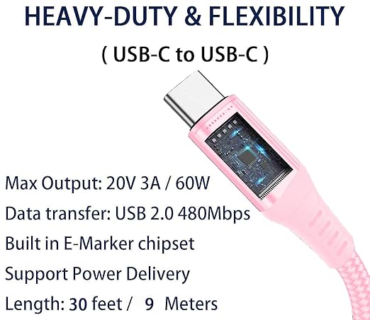 30FT USB-C to USB-C Cable 60W, Extra Long USB Type-C to Type-C Cable 2.0,USB C Charger Cable(No Data) for iPhone 16/16 Pro/16 Plus/16 Pro Max,MacBook Pro,iPad Air 5th,GalaxyS24 S23 S22, Moto