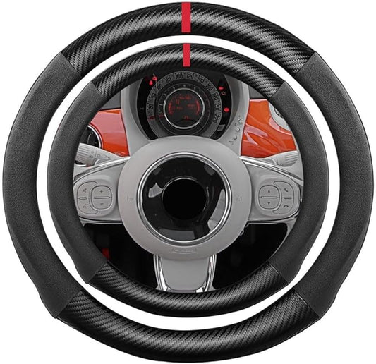 Suede Carbon Fiber Steering Wheel Cover, Compatible with 500 500C 15 inch Soft SuedeTouch Leather Sport Non-Slip Automotive Interior Accessories