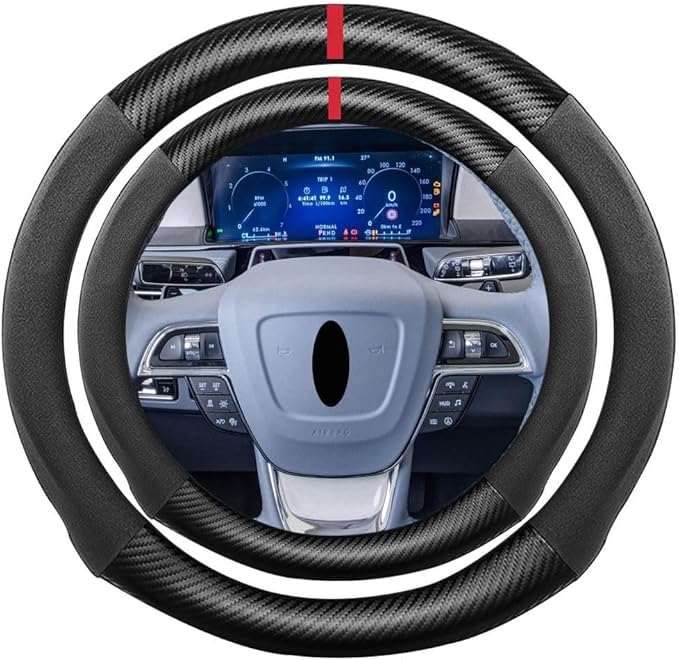 Suede Carbon Fiber Steering Wheel Cover, Compatible with Lincoln Continental Navigator 16 inch Soft Suede Touch Leather Sport Non-Slip Automotive Interior Accessories
