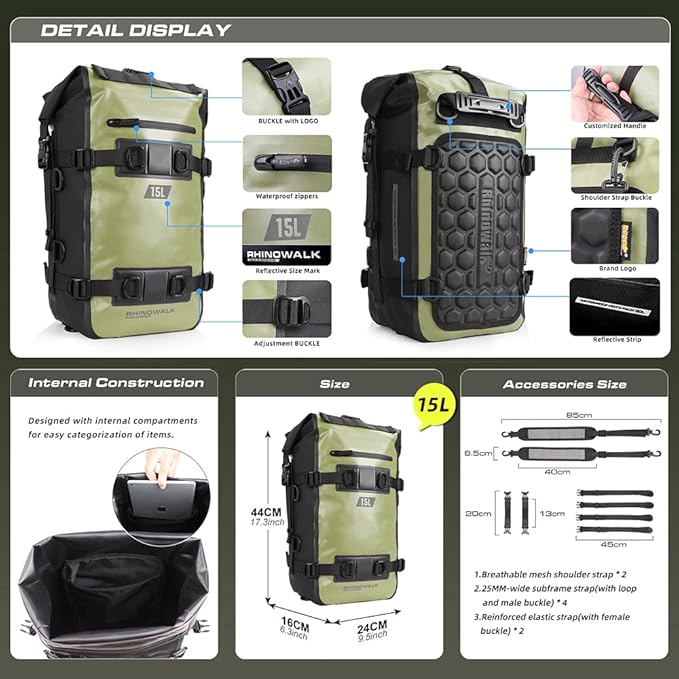 Rhinowalk Motorcycle Tail Bag Motorbike Side Bag 15L Full Waterproof Motor Saddle Pannier Bag Rear Rack Trunk Professional Motor Accessories-Green