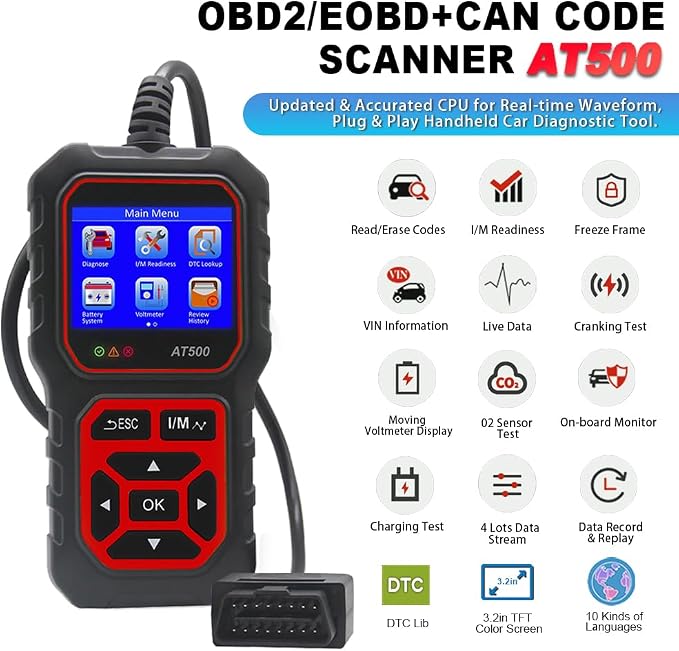 Car OBD2 Scanner Code Reader Engine Fault Code Reader iKiKin AT500 Professional Reader Scanner Diagnostic Tool Check Engine Light Scan Tool for OBD II Protocol Cars Since 1996